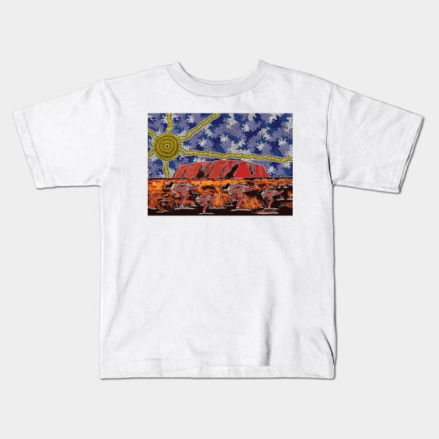 Aboriginal Art - Uluru Ayers Rock Blue Sky Kids T-Shirt by hogartharts